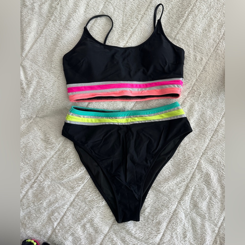 Popvil Women's XL 2 piece high waisted Bikini Set - Black and Multicolor